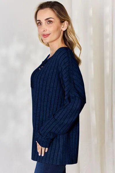 Basic Bae Full Size Ribbed Half Button Long Sleeve Shirt
