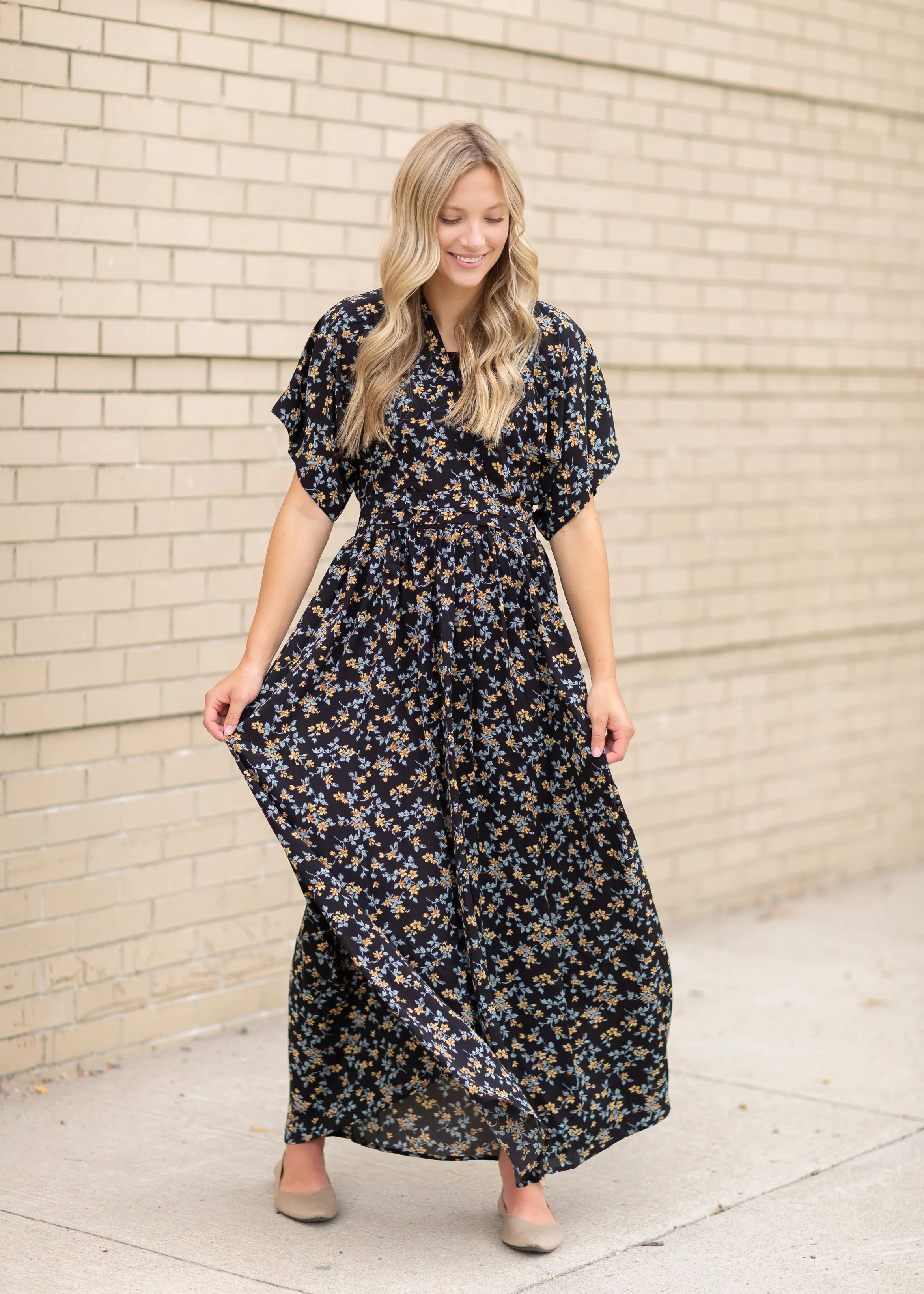 Black Floral V-Neck Maxi Dress