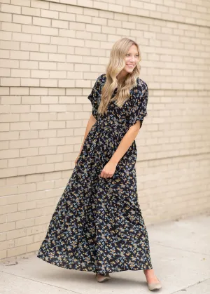 Black Floral V-Neck Maxi Dress