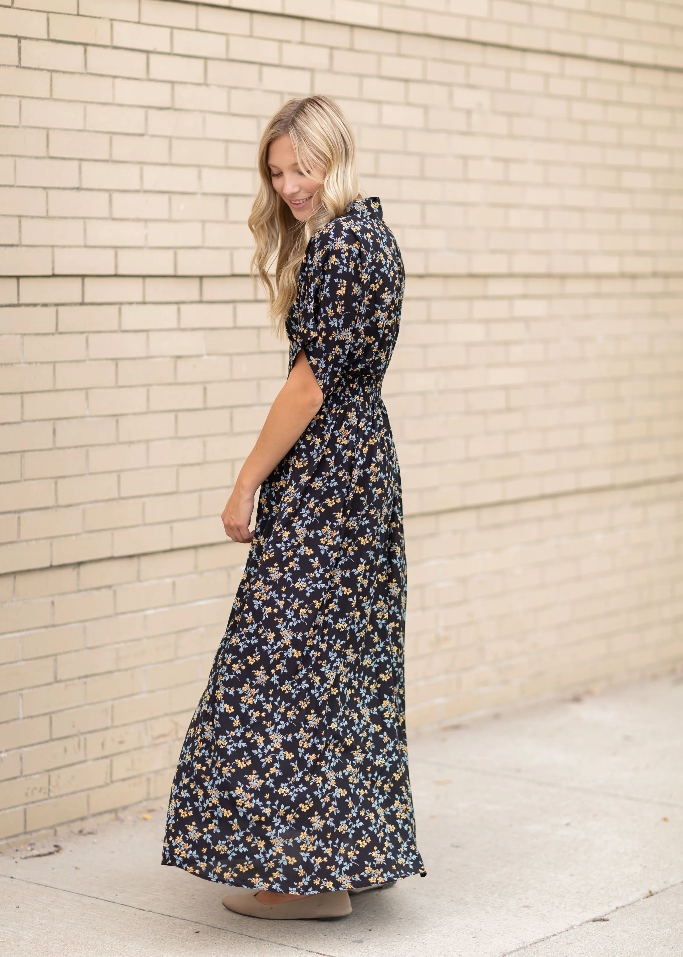 Black Floral V-Neck Maxi Dress