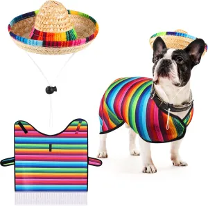 Dog Sombrero Hat Pet Serape Poncho Costume Multicolor Funny Dog Costume Adjustable Sombrero Costume Mexican Dog Poncho Straw Hat Chihuahua Clothes for Mexican Party Decorations (M)