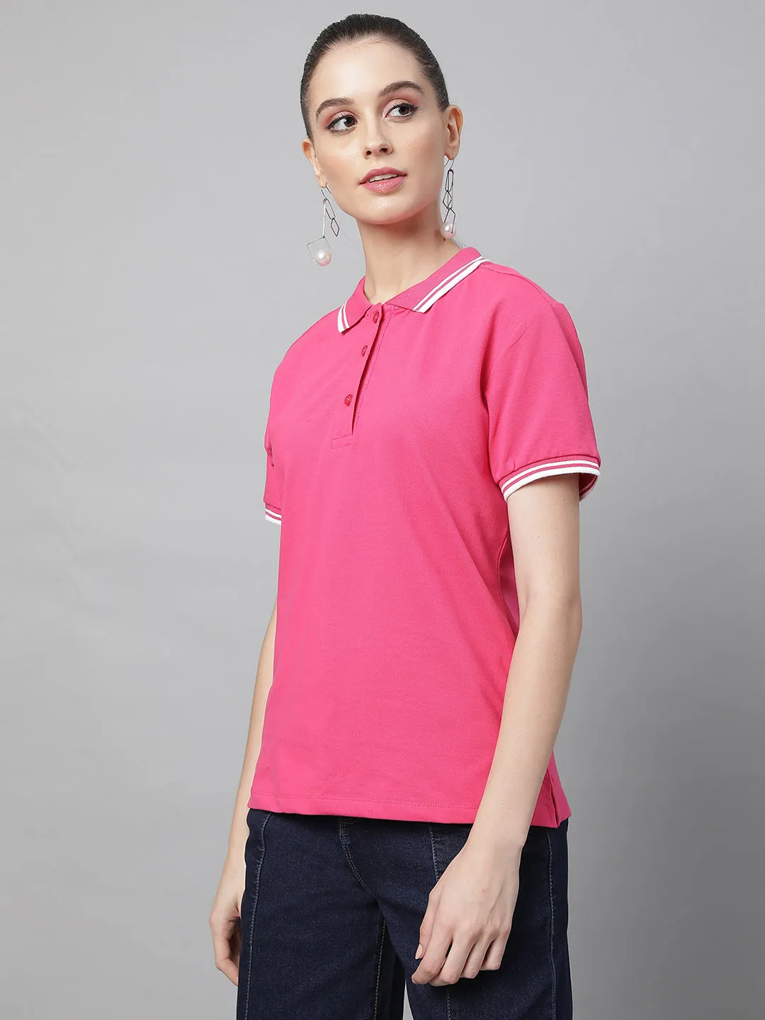 Women Regular Fit Polo Neck Pink Cotton T-Shirt
